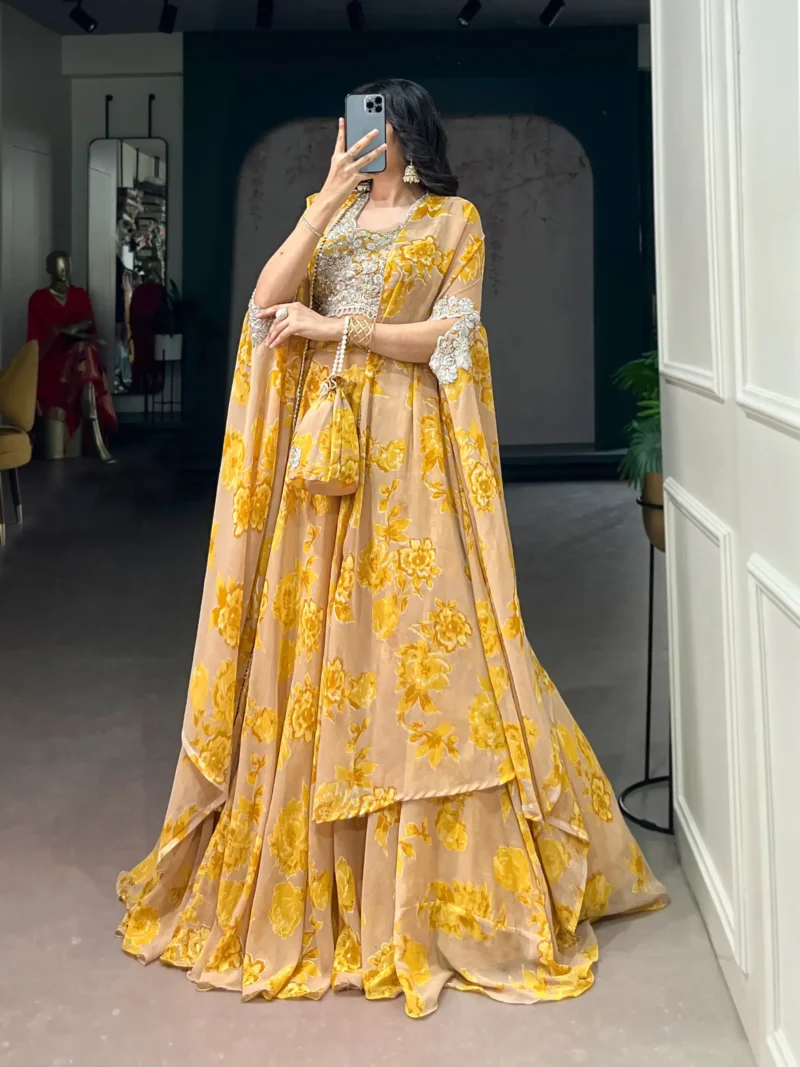 Pastel Mustard Floral Georgette Cape Style Lehenga with Embroidery side look