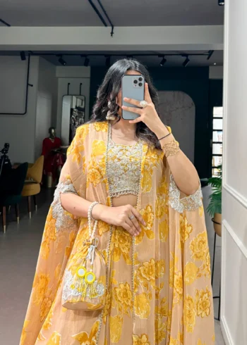 Pastel Mustard Floral Georgette Cape Style Lehenga with Embroidery close look