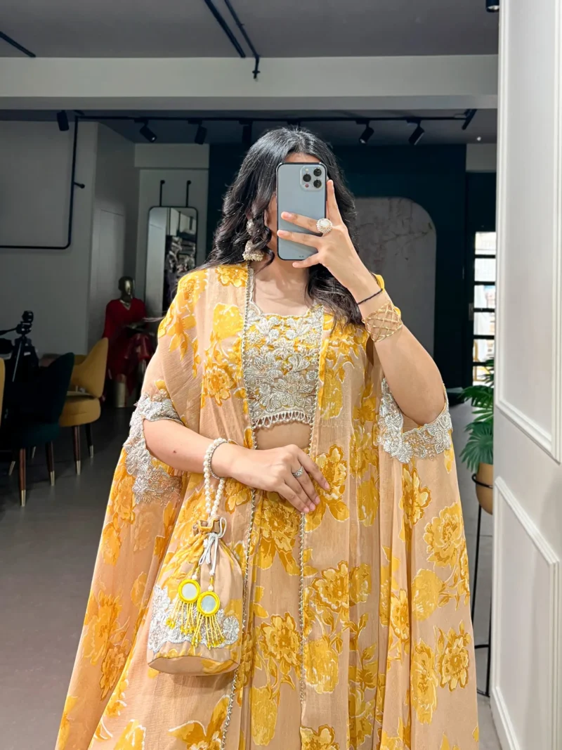 Pastel Mustard Floral Georgette Cape Style Lehenga with Embroidery close look