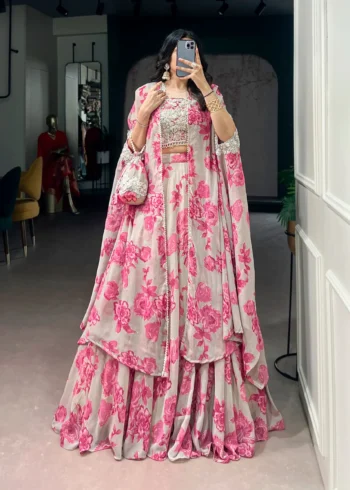 Pastel Pink Floral Georgette Cape Style Lehenga with Embroidery front look