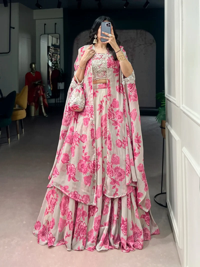 Pastel Pink Floral Georgette Cape Style Lehenga with Embroidery front look