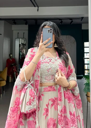 Pastel Pink Floral Georgette Cape Style Lehenga with Embroidery close look