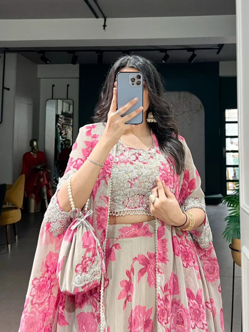 Pastel Pink Floral Georgette Cape Style Lehenga with Embroidery close look