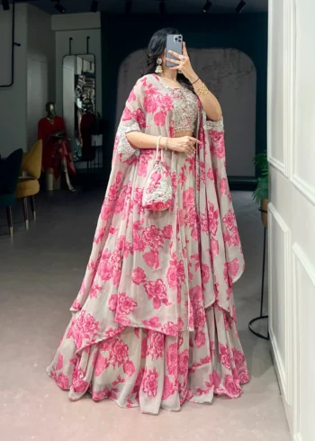 Pastel Pink Floral Georgette Cape Style Lehenga with Embroidery