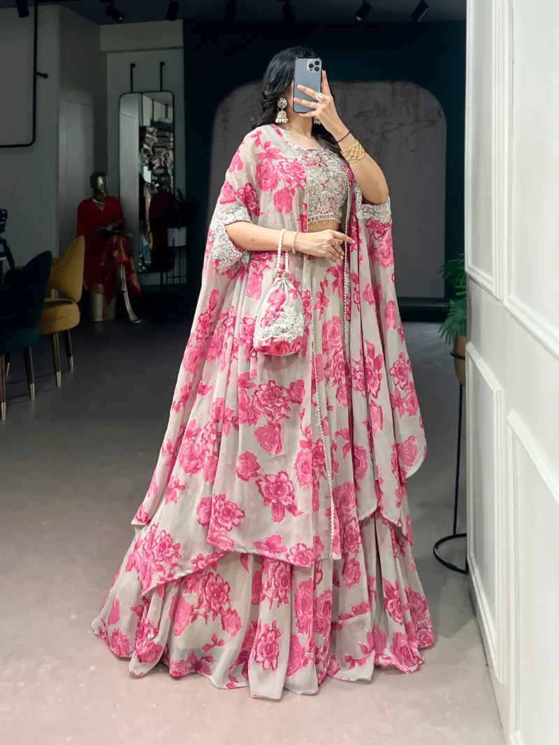 Pastel Pink Floral Georgette Cape Style Lehenga with Embroidery