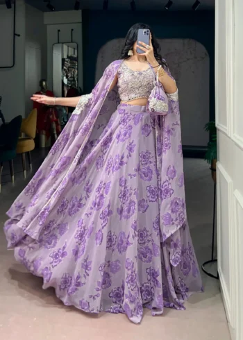 Pastel Purple Floral Georgette Cape Style Lehenga with Embroidery full flair