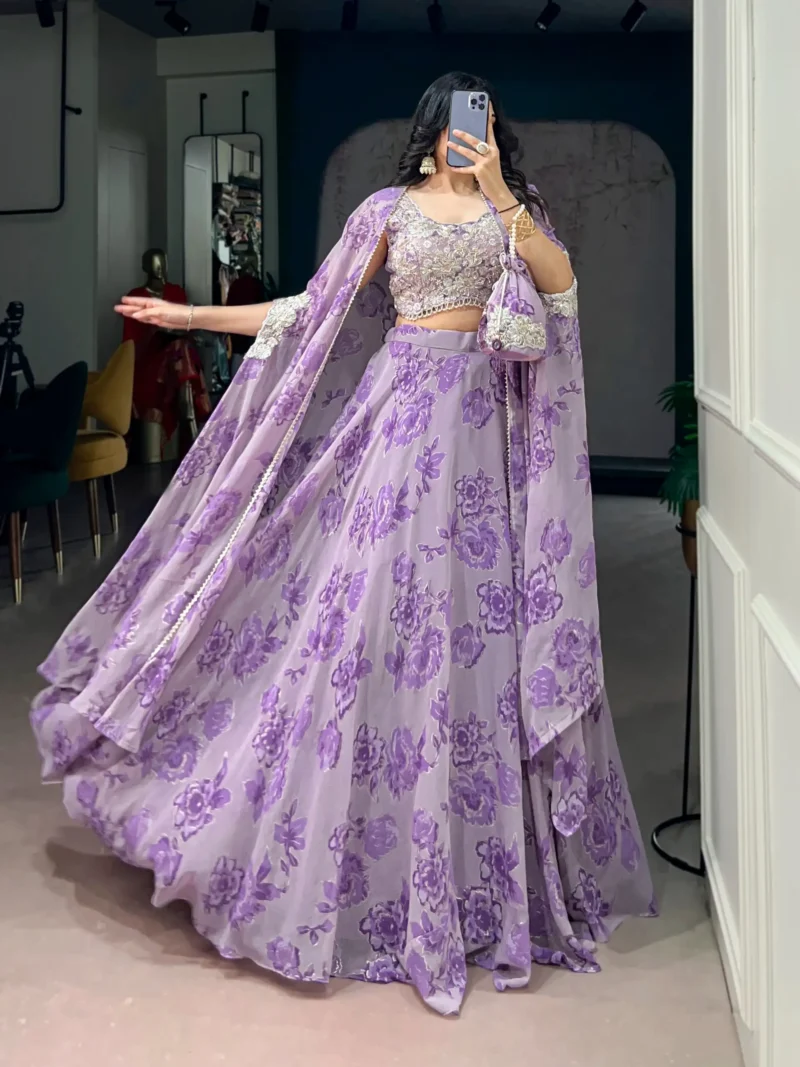Pastel Purple Floral Georgette Cape Style Lehenga with Embroidery full flair