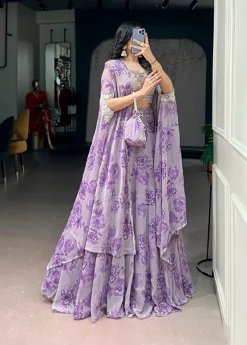 Pastel Purple Floral Georgette Cape Style Lehenga with Embroidery side look