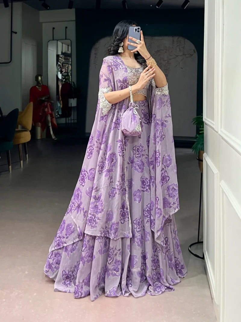 Pastel Purple Floral Georgette Cape Style Lehenga with Embroidery side look