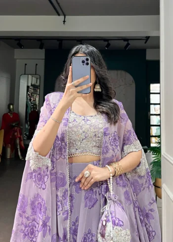 Pastel Purple Floral Georgette Cape Style Lehenga with Embroidery close look
