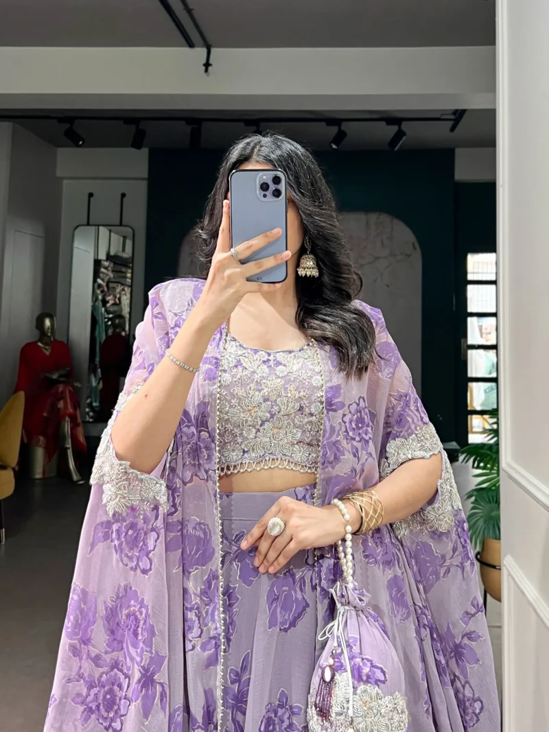 Pastel Purple Floral Georgette Cape Style Lehenga with Embroidery close look
