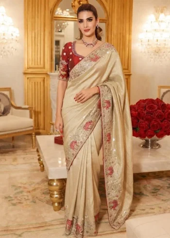 Beige Kanjivaram Silk Heavy Embroidered Wedding Saree