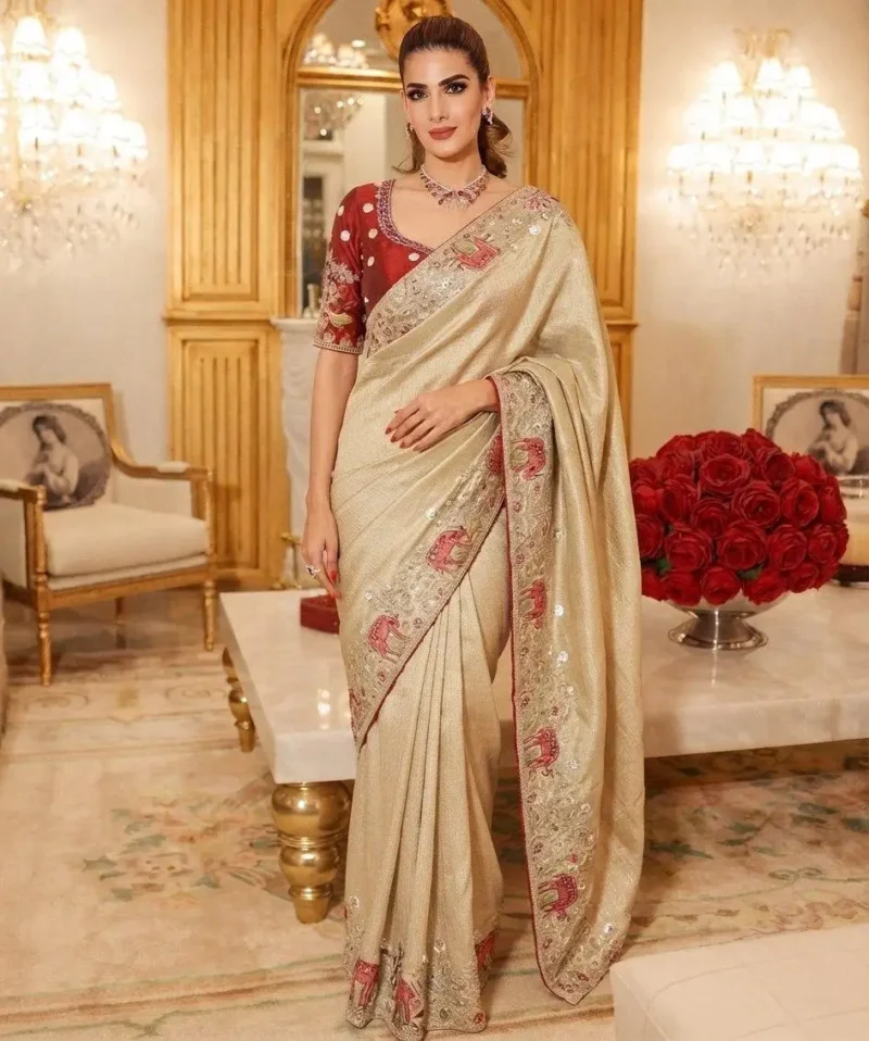Beige Kanjivaram Silk Heavy Embroidered Wedding Saree