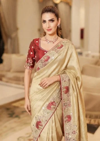 Beige Kanjivaram Silk Heavy Embroidered Wedding Saree close look