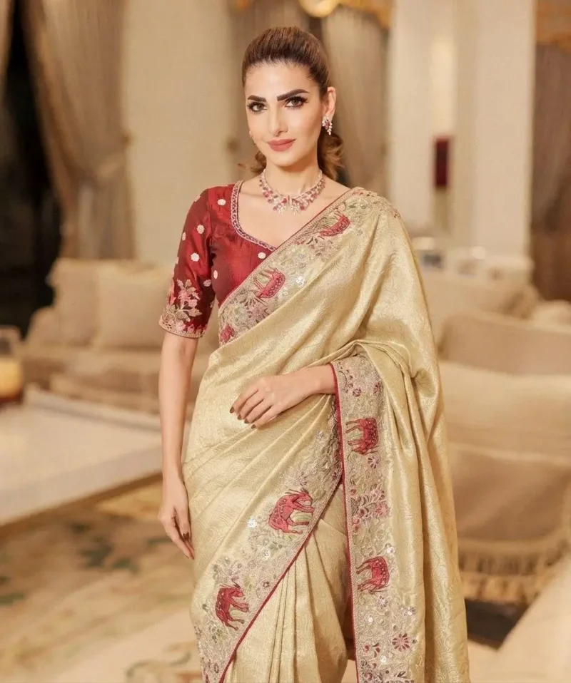 Beige Kanjivaram Silk Heavy Embroidered Wedding Saree close look