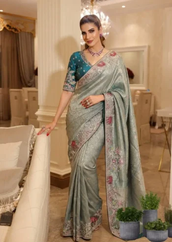 Grey Kanjivaram Silk Heavy Embroidered Wedding Saree