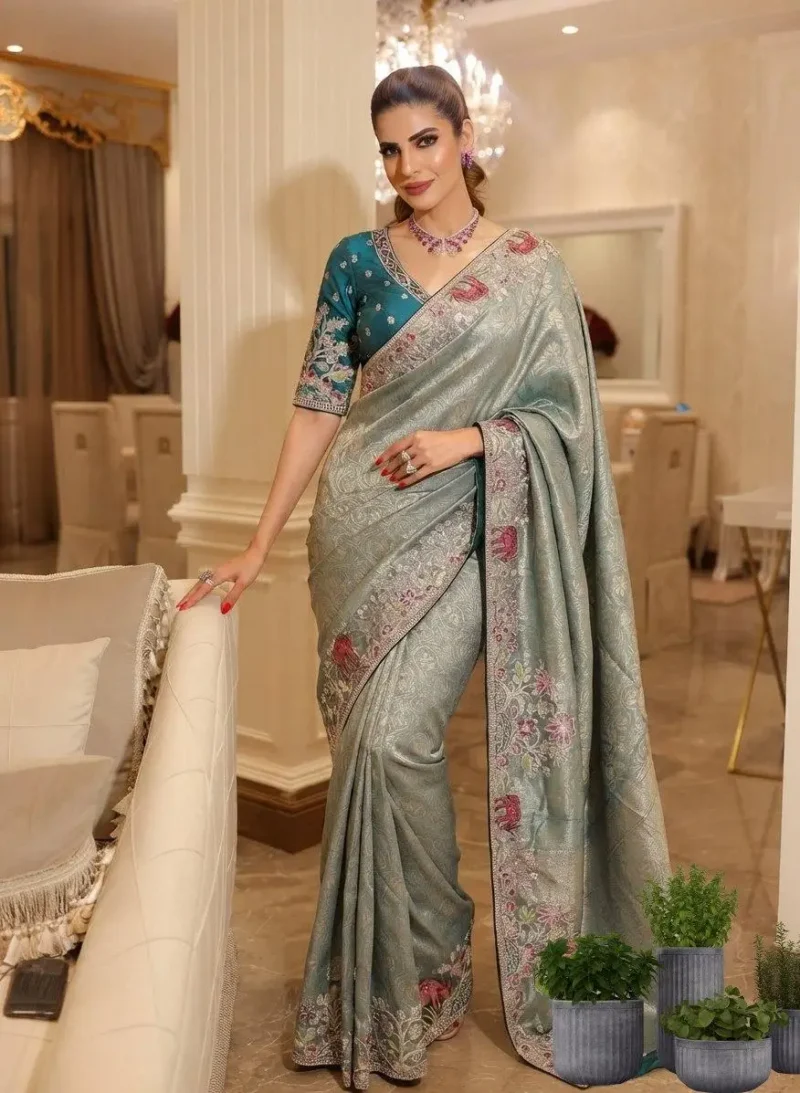 Grey Kanjivaram Silk Heavy Embroidered Wedding Saree