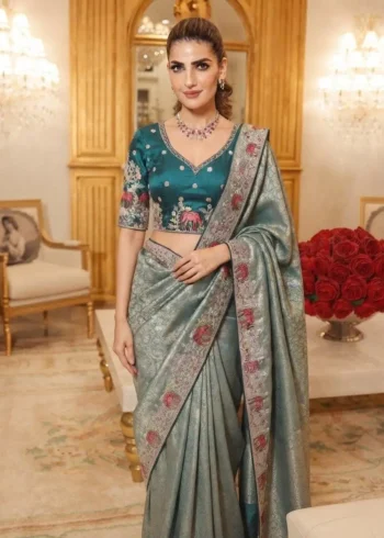 Grey Kanjivaram Silk Heavy Embroidered Wedding Saree close look