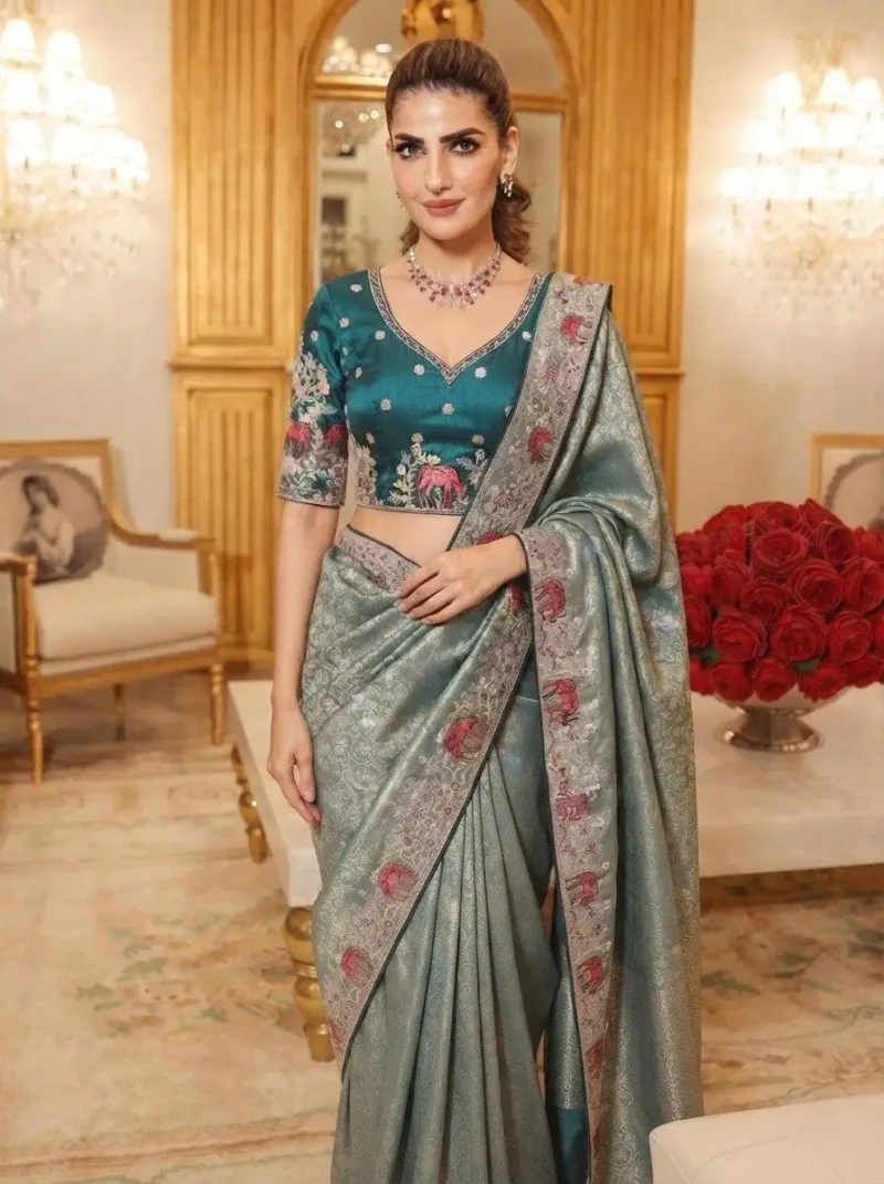 Grey Kanjivaram Silk Heavy Embroidered Wedding Saree close look