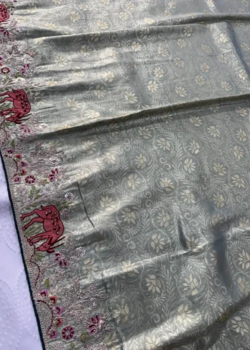 Grey Kanjivaram Silk Heavy Embroidered Wedding Saree close border work