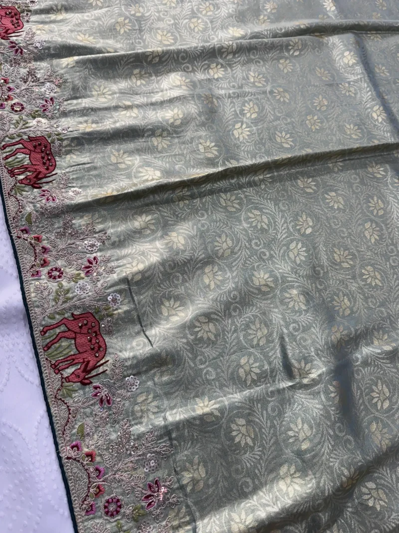 Grey Kanjivaram Silk Heavy Embroidered Wedding Saree close border work