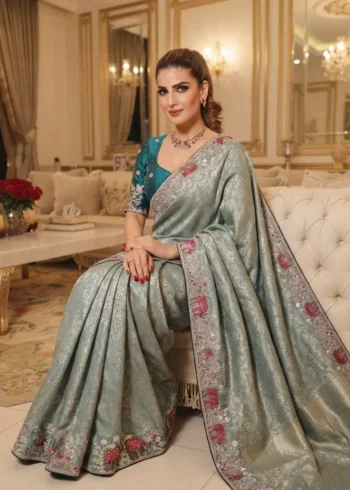 Grey Kanjivaram Silk Heavy Embroidered Wedding Saree sitting pose