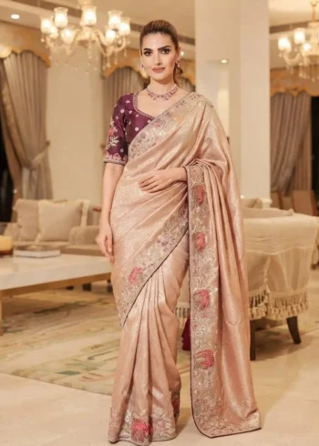 Peach Kanjivaram Silk Heavy Embroidered Wedding Saree