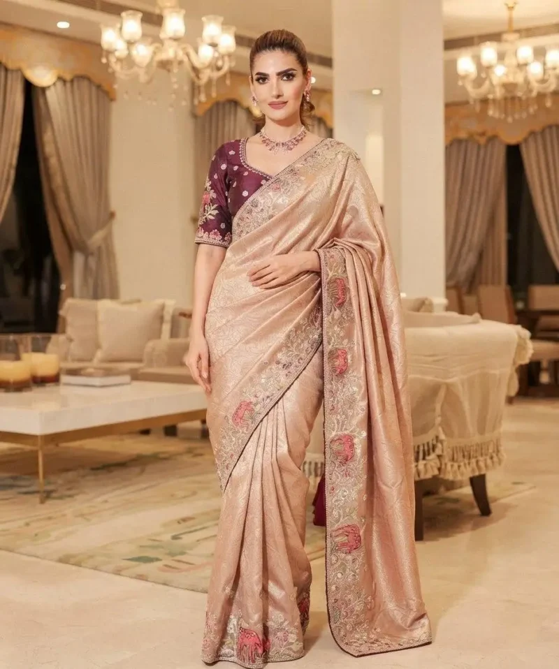 Peach Kanjivaram Silk Heavy Embroidered Wedding Saree