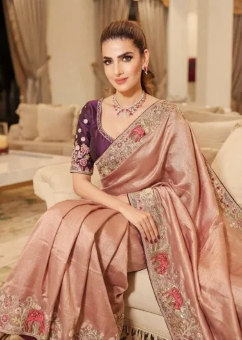 Peach Kanjivaram Silk Heavy Embroidered Wedding Saree sitting look
