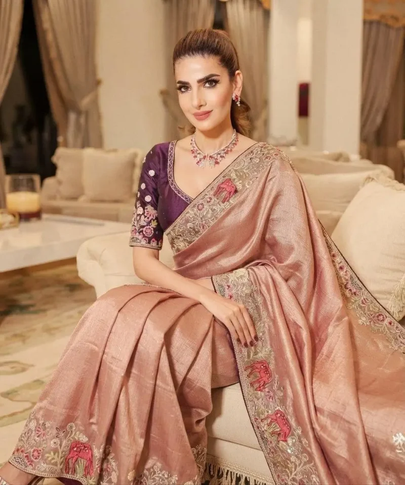 Peach Kanjivaram Silk Heavy Embroidered Wedding Saree sitting look