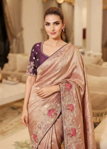 Peach Kanjivaram Silk Heavy Embroidered Wedding Saree clos look