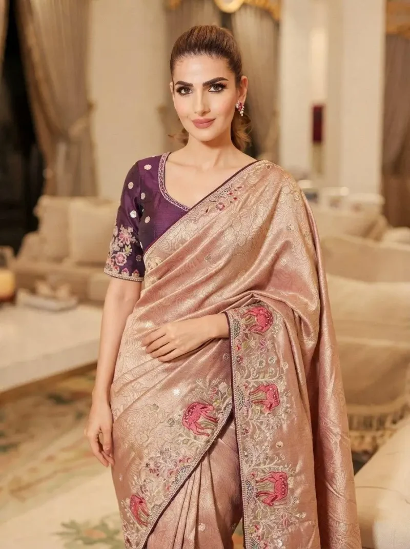 Peach Kanjivaram Silk Heavy Embroidered Wedding Saree clos look