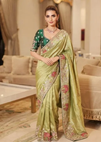 Pista Kanjivaram Silk Heavy Embroidered Wedding Saree