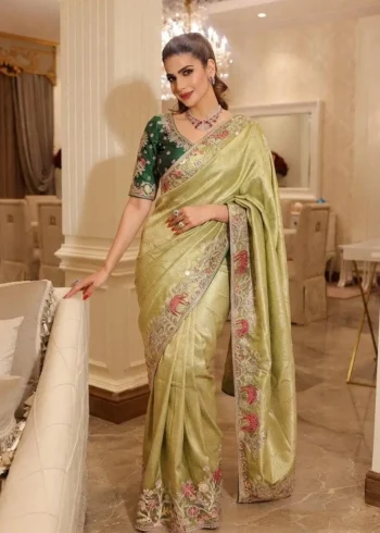 Pista Kanjivaram Silk Heavy Embroidered Wedding Saree front look