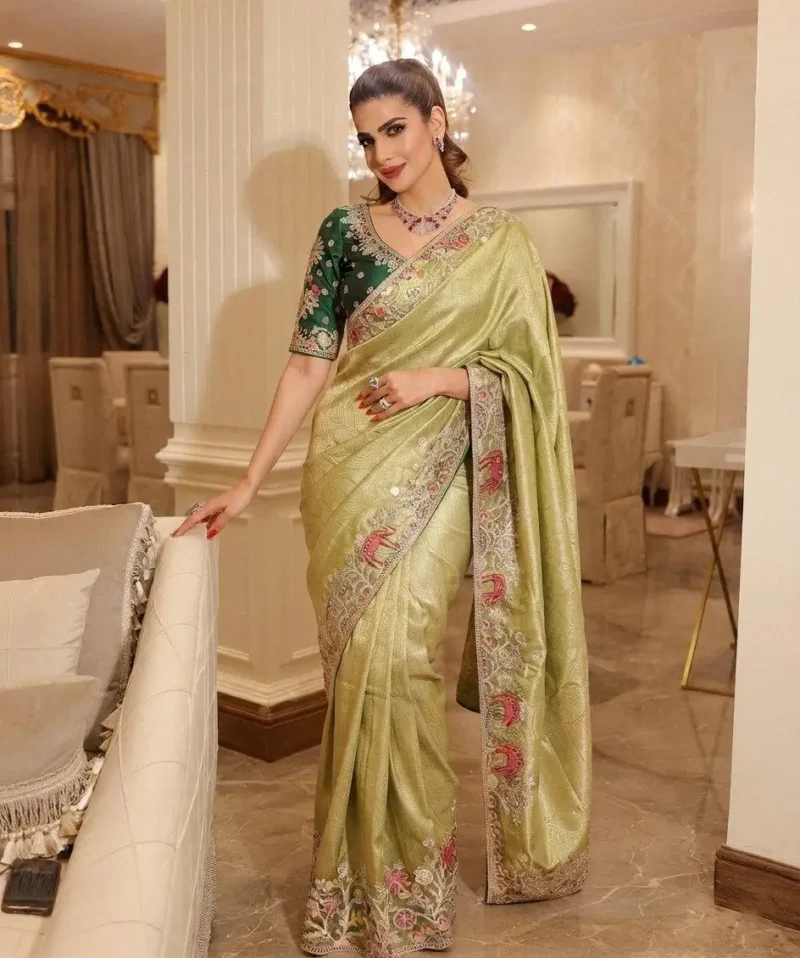 Pista Kanjivaram Silk Heavy Embroidered Wedding Saree front look