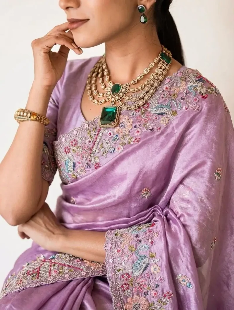 Baby Pink Pure Soft Tissue Silk Party Wear Saree close work