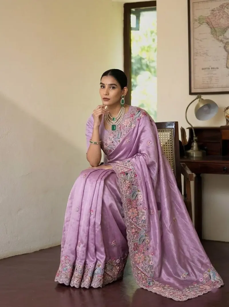 Baby Pink Pure Soft Tissue Silk Party Wear Saree sitting