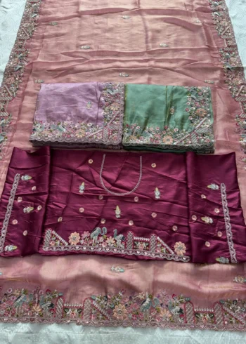 Peach Pure Soft Tissue Silk Party Wear Saree