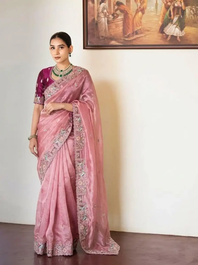 Peach Pure Soft Tissue Silk Party Wear Saree front look