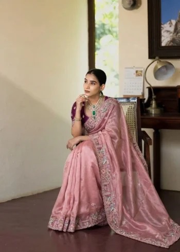 Peach Pure Soft Tissue Silk Party Wear Saree sitting