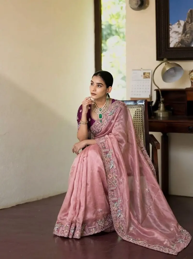 Peach Pure Soft Tissue Silk Party Wear Saree sitting