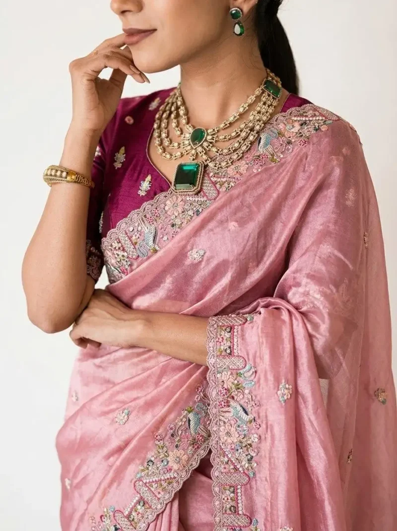 Peach Pure Soft Tissue Silk Party Wear Saree close work