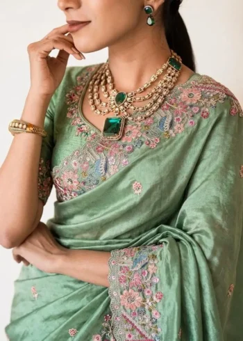 Teal Pure Soft Tissue Silk Party Wear Saree close neck design