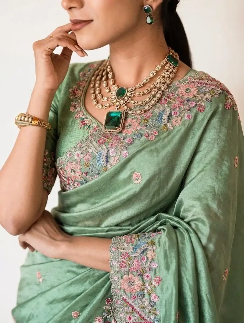 Teal Pure Soft Tissue Silk Party Wear Saree close neck design