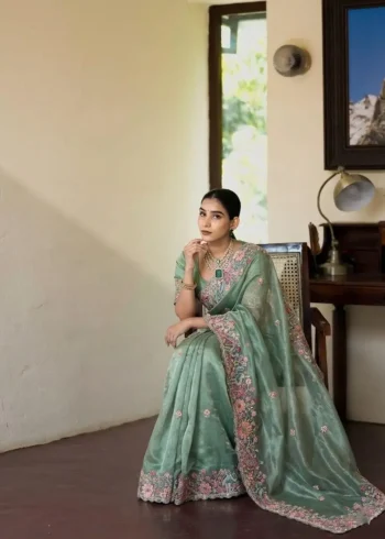Teal Pure Soft Tissue Silk Party Wear Saree full look