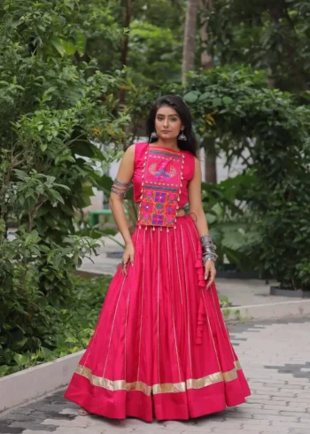 Pink Roman Gota Patti Kutchi Mirror Navratri Lehenga full front look