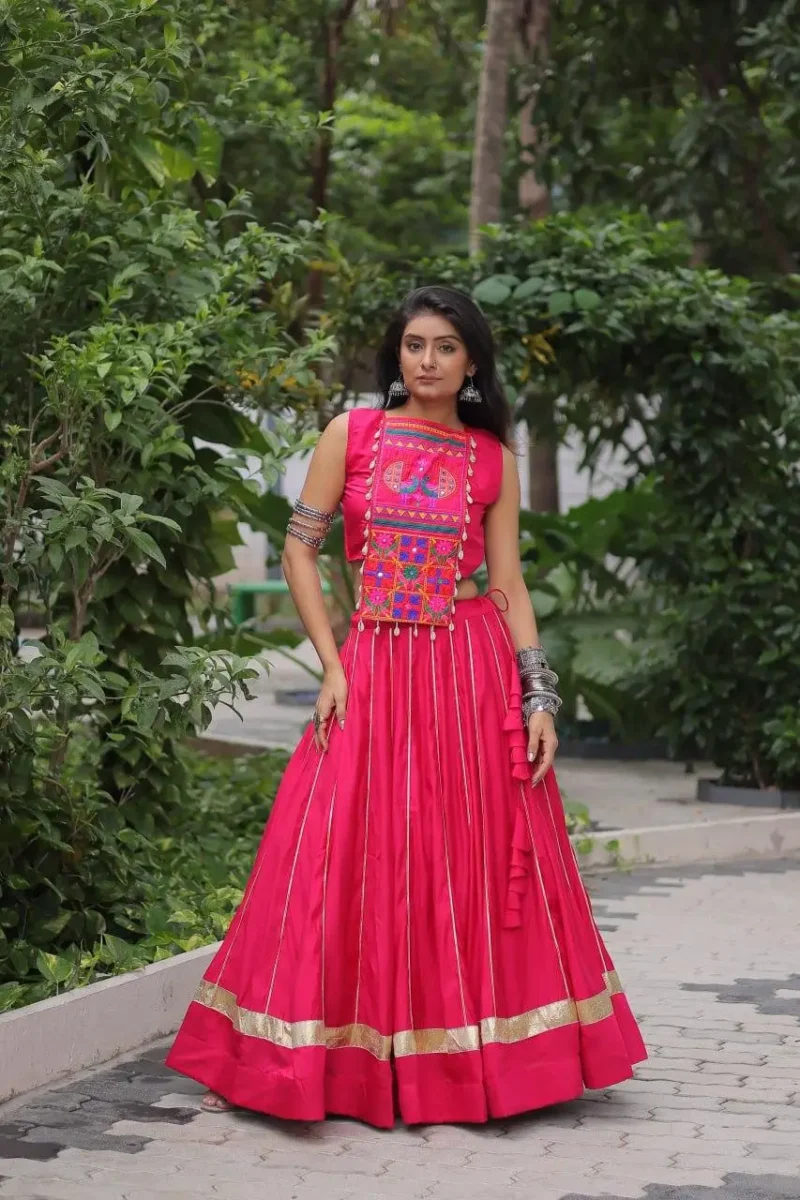 Pink Roman Gota Patti Kutchi Mirror Navratri Lehenga full front look