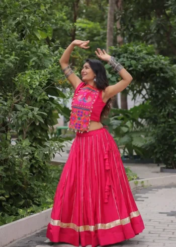 Pink Roman Gota Patti Kutchi Mirror Navratri Lehenga side look