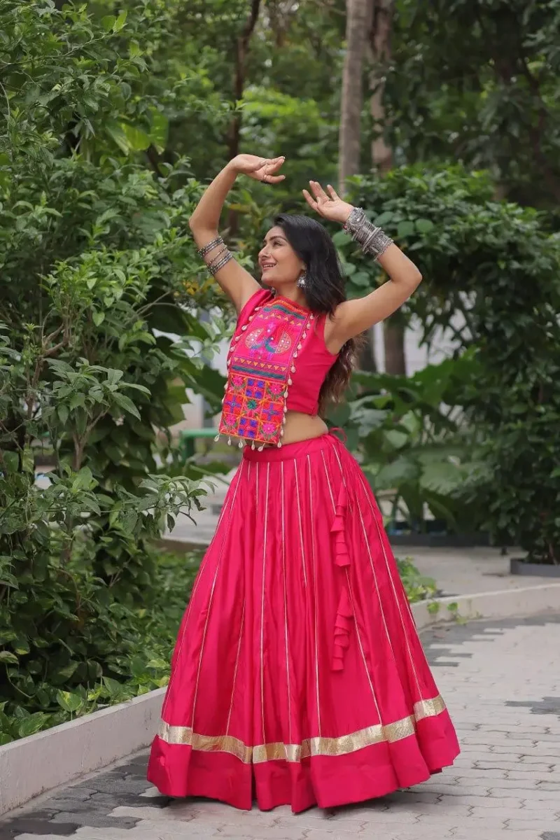 Pink Roman Gota Patti Kutchi Mirror Navratri Lehenga side look