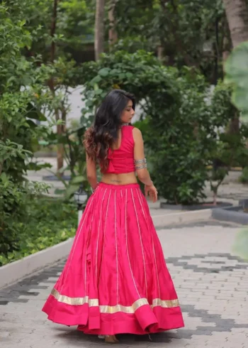 Pink Roman Gota Patti Kutchi Mirror Navratri Lehenga back side look